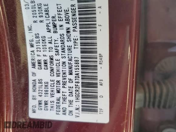 2013 Honda Accord EX-L with VIN 1HGCR2F87DA155867, listed as a Copart auction lot 86830675 with 224,297 mi miles and Salvage title. Bid and sale history available at DreamBid. Image 13.