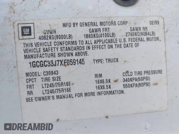 1999 Chevrolet Silverado 3500 с VIN 1GCGC33J7XF059145, выставлен на аукционе IAAI как лот 42485300 с пробегом 128 209 миль миль и . История ставок и продаж доступна на DreamBid. Изображение 9.