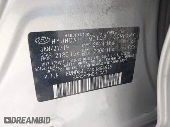 2019 Hyundai Elantra SEL z VIN KMHD84LF4KU864915, wystawiony jako IAAI lot #42264637 z przebiegiem 69 046 mil mil oraz . Historia ofert i sprzedaży dostępna na DreamBid. Obrazek 9.