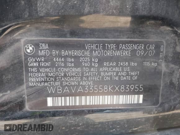 2008 BMW 3 Series 328i z VIN WBAVA33558KX83955, wystawiony jako IAAI lot #43341532 z przebiegiem 181 228 mil mil oraz . Historia ofert i sprzedaży dostępna na DreamBid. Obrazek 9.