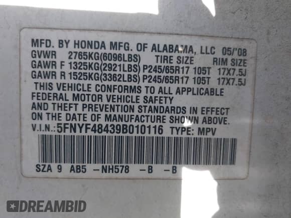 2009 Honda Pilot EX with VIN 5FNYF48439B010116, listed as a IAAI auction lot 43328991 with 184,430 mi miles and . Bid and sale history available at DreamBid. Image 9.