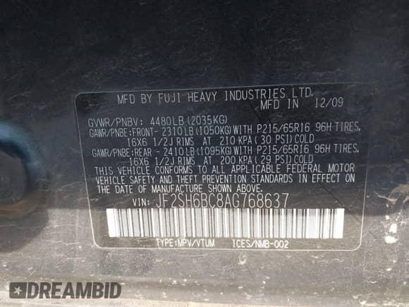 2010 Subaru Forester X с VIN JF2SH6BC8AG768637, выставлен на аукционе IAAI как лот 43417282 с пробегом 178 271 миль миль и . История ставок и продаж доступна на DreamBid. Изображение 9.