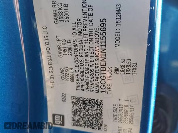 2022 Chevrolet Colorado 4WD Work Truck with VIN 1GCGTBEN1N1155695, listed as a Copart auction lot 87399335 with 23,558 mi miles and Salvage title. Bid and sale history available at DreamBid. Image 12.