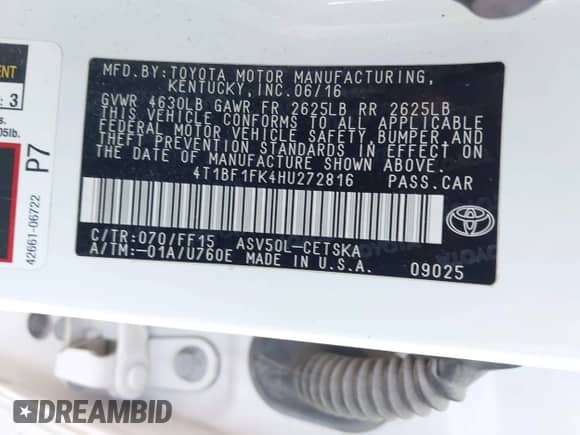 2017 Toyota Camry SE with VIN 4T1BF1FK4HU272816, listed as a IAAI auction lot 43193051 with 254,840 mi miles and . Bid and sale history available at DreamBid. Image 9.