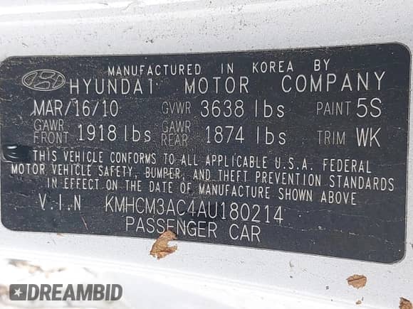 2010 Hyundai Accent GS z VIN KMHCM3AC4AU180214, wystawiony jako IAAI lot #41966496 z przebiegiem 154 392 mil mil oraz . Historia ofert i sprzedaży dostępna na DreamBid. Obrazek 9.