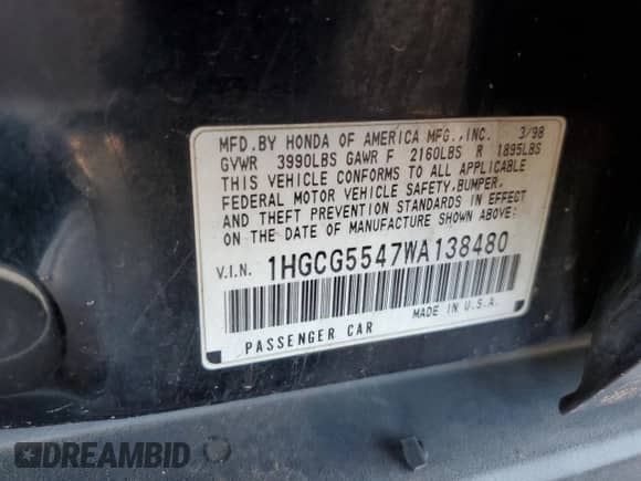 1998 Honda Accord LX with VIN 1HGCG5547WA138480, listed as a Copart auction lot 66171485 with 287,323 mi miles and Salvage title. Bid and sale history available at DreamBid. Image 12.