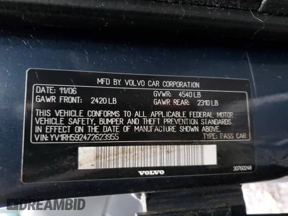 2007 Volvo S60 2.5L Turbo с VIN YV1RH592472623955, выставлен на аукционе Copart как лот 82886134 с пробегом 215 204 миль миль и Списание • Salvage title. История ставок и продаж доступна на DreamBid. Изображение 14.