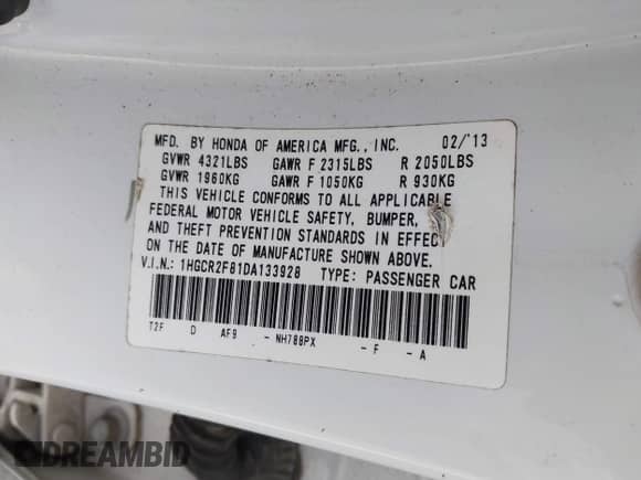 2013 Honda Accord EX-L с VIN 1HGCR2F81DA133928, выставлен на аукционе IAAI как лот 43213603 с пробегом 199 436 миль миль и . История ставок и продаж доступна на DreamBid. Изображение 9.