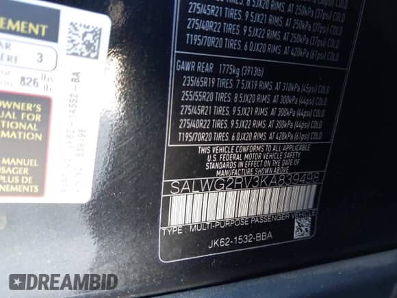 2019 Land Rover Range Rover Sport SE with VIN SALWG2RV3KA839498, listed as a IAAI auction lot 42852466 with 63,010 mi miles and . Bid and sale history available at DreamBid. Image 9.