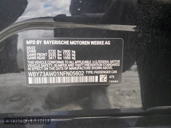 2022 BMW i4 eDrive40 с VIN WBY73AW01NFN05602, выставлен на аукционе Copart как лот 56896355 с пробегом 38 003 миль миль и Списание • Salvage title. История ставок и продаж доступна на DreamBid. Изображение 12.