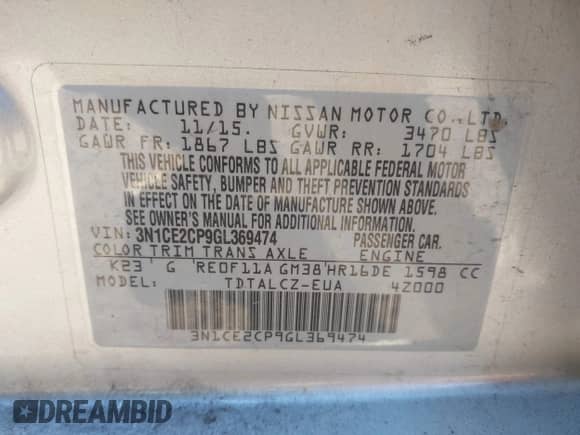 2016 Nissan Note S with VIN 3N1CE2CP9GL369474, listed as a IAAI auction lot 43541932 with 113,685 mi miles and . Bid and sale history available at DreamBid. Image 9.