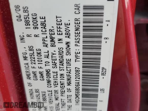 2006 Honda Accord EX-L with VIN 1HGCM56806A120087, listed as a Copart auction lot 82363425 with Not provided miles and Salvage title. Bid and sale history available at DreamBid. Image 12.