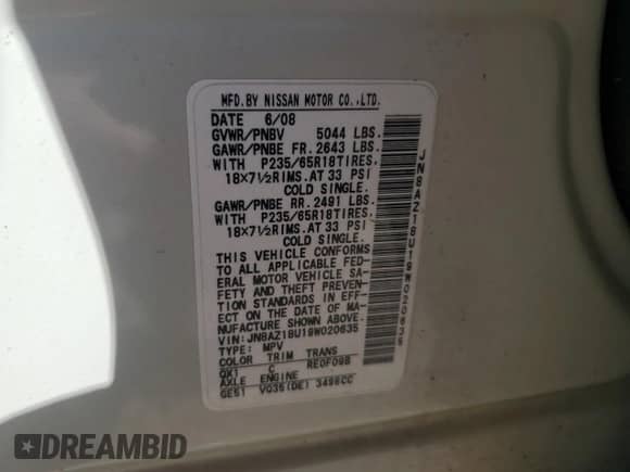 2009 Nissan Murano S with VIN JN8AZ18U19W020635, listed as a Copart auction lot 87442335 with 161,170 mi miles and Salvage title. Bid and sale history available at DreamBid. Image 13.