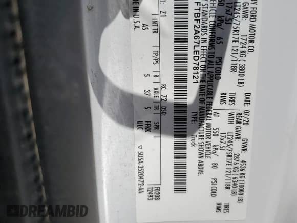 2020 Ford F-250 XL with VIN 1FTBF2A67LED78121, listed as a Copart auction lot 62741305 with 93,332 mi miles and Salvage title. Bid and sale history available at DreamBid. Image 12.