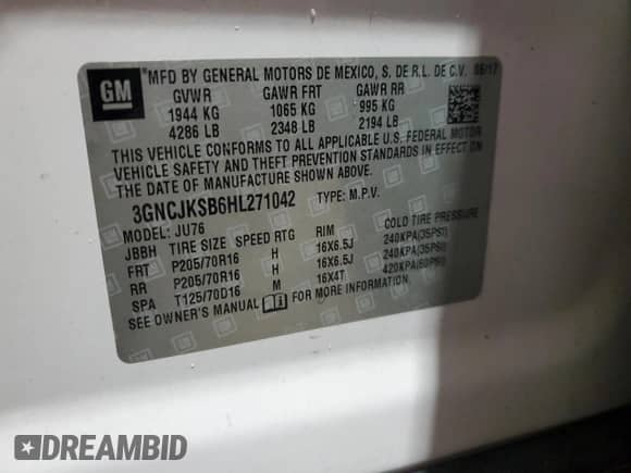 2017 Chevrolet Trax LS with VIN 3GNCJKSB6HL271042, listed as a Copart auction lot 80087035 with 111,560 mi miles and Salvage title. Bid and sale history available at DreamBid. Image 13.