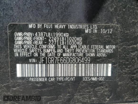 2013 Subaru WRX WRX with VIN JF1GR7E66DG806499, listed as a Copart auction lot 80102795 with 76,533 mi miles and Clean title. Bid and sale history available at DreamBid. Image 12.