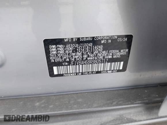 2024 Subaru WRX Premium with VIN JF1VBAH68R9805712, listed as a IAAI auction lot 42612100 with 9,914 mi miles and . Bid and sale history available at DreamBid. Image 9.