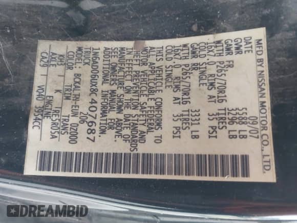 2008 Nissan Frontier SE с VIN 1N6AD06UX8C407687, выставлен на аукционе IAAI как лот 43591308 с пробегом 128 946 миль миль и . История ставок и продаж доступна на DreamBid. Изображение 9.