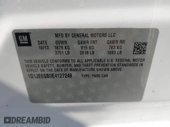 2014 Chevrolet Sonic LTZ with VIN 1G1JE6SB0E4127248, listed as a IAAI auction lot 42921777 with 145,819 mi miles and . Bid and sale history available at DreamBid. Image 9.