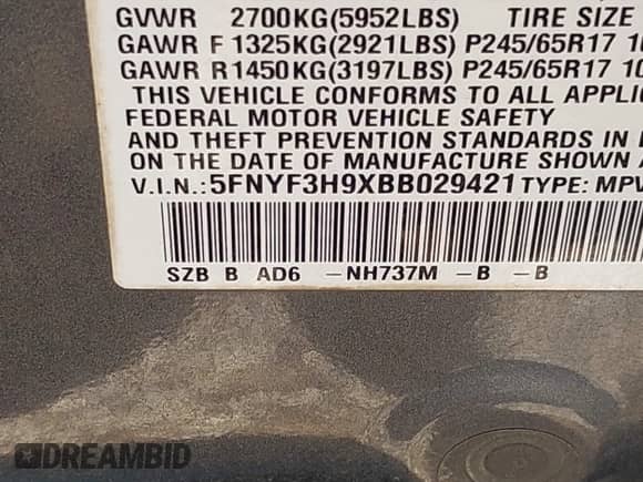 2011 Honda Pilot Touring с VIN 5FNYF3H9XBB029421, выставлен на аукционе IAAI как лот 43133314 с пробегом 217 691 миль миль и . История ставок и продаж доступна на DreamBid. Изображение 9.