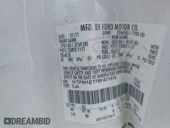 2011 Ford F-150 XLT z VIN 1FTFW1ET7BFA71519, wystawiony jako IAAI lot #42397625 z przebiegiem 205 049 mil mil oraz . Historia ofert i sprzedaży dostępna na DreamBid. Obrazek 9.