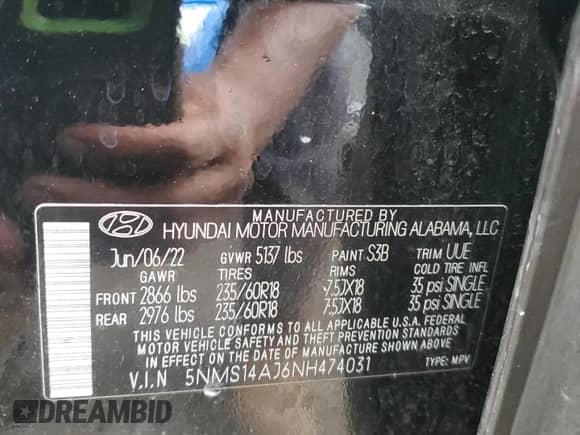 2022 Hyundai Santa Fe SE с VIN 5NMS14AJ6NH474031, выставлен на аукционе Copart как лот 81668915 с пробегом 63 663 миль миль и Списание • Salvage title. История ставок и продаж доступна на DreamBid. Изображение 13.