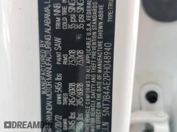 2023 Hyundai Santa Cruz SEL с VIN 5NTJB4AE2PH048940, выставлен на аукционе Copart как лот 73878324 с пробегом Не указан миль и На запчасти • Non repairable. История ставок и продаж доступна на DreamBid. Изображение 13.