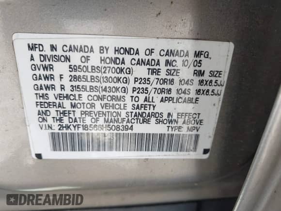 2006 Honda Pilot EX-L z VIN 2HKYF18566H508394, wystawiony jako IAAI lot #43119896 z przebiegiem 258 896 mil mil oraz . Historia ofert i sprzedaży dostępna na DreamBid. Obrazek 9.