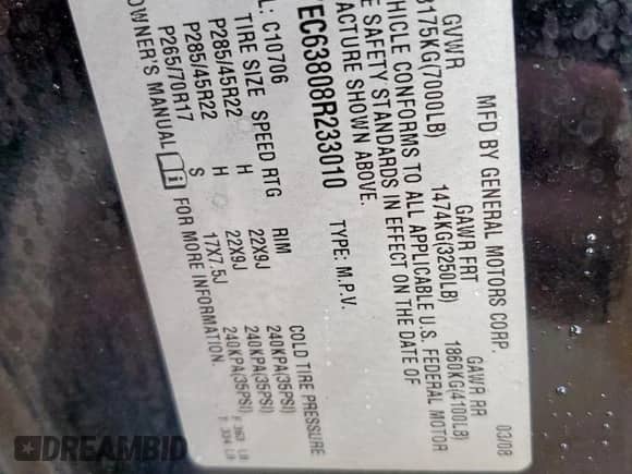 2008 Cadillac Escalade with VIN 1GYEC63808R233010, listed as a Copart auction lot 60818005 with 198,913 mi miles and Salvage title. Bid and sale history available at DreamBid. Image 13.