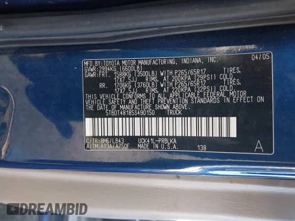 2005 Toyota Tundra Limited с VIN 5TBDT48185S490150, выставлен на аукционе IAAI как лот 43476350 с пробегом 285 794 миль миль и . История ставок и продаж доступна на DreamBid. Изображение 9.