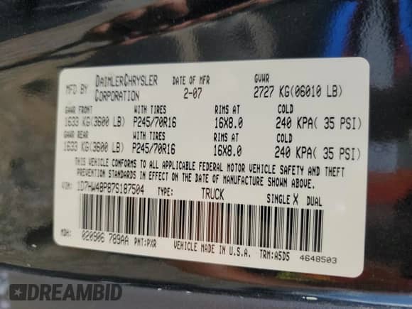 2007 Dodge Dakota SLT с VIN 1D7HW48P87S187504, выставлен на аукционе Copart как лот 71025285 с пробегом 199 133 миль миль и Списание • Salvage title. История ставок и продаж доступна на DreamBid. Изображение 12.