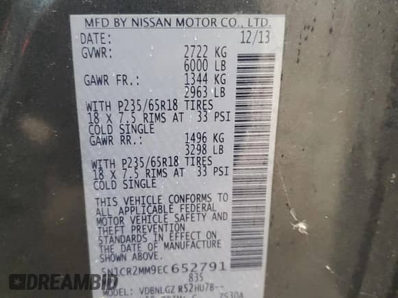 2014 Nissan Pathfinder Platinum Hybrid with VIN 5N1CR2MM9EC652791, listed as a Copart auction lot 84707585 with 123,115 mi miles and Clean title. Bid and sale history available at DreamBid. Image 13.