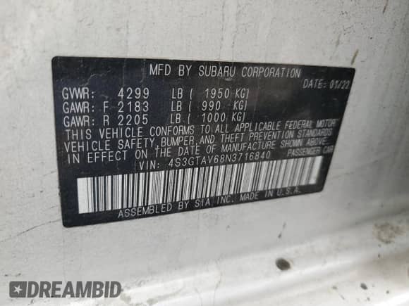 2022 Subaru Impreza Premium with VIN 4S3GTAV68N3716840, listed as a Copart auction lot 81096075 with 60,397 mi miles and Salvage title. Bid and sale history available at DreamBid. Image 12.