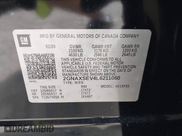 2020 Chevrolet Equinox LS z VIN 2GNAXSEV4L6211060, wystawiony jako IAAI lot #42799418 z przebiegiem 22 714 mil mil oraz . Historia ofert i sprzedaży dostępna na DreamBid. Obrazek 9.