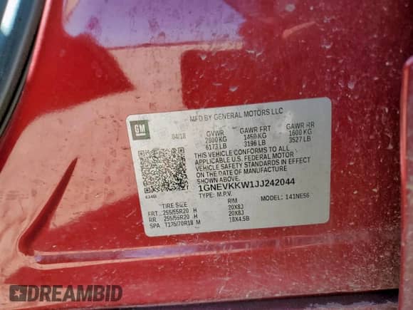 2018 Chevrolet Traverse High Country with VIN 1GNEVKKW1JJ242044, listed as a Copart auction lot 60628295 with Not provided miles and Salvage title. Bid and sale history available at DreamBid. Image 14.