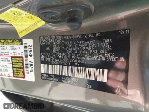 2012 Toyota Sienna LE AAS with VIN 5TDKK3DC6CS209348, listed as a IAAI auction lot 43310459 with Not provided miles and . Bid and sale history available at DreamBid. Image 9.