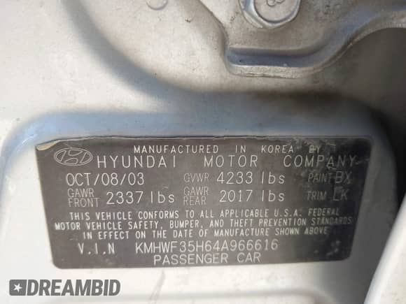 2004 Hyundai Sonata GLS with VIN KMHWF35H64A966616, listed as a IAAI auction lot 43227238 with 185,484 mi miles and . Bid and sale history available at DreamBid. Image 9.