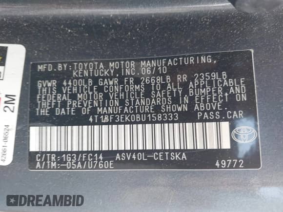 2011 Toyota Camry LE with VIN 4T1BF3EK0BU158333, listed as a IAAI auction lot 43122802 with 121,682 mi miles and . Bid and sale history available at DreamBid. Image 9.