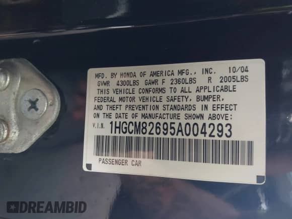 2005 Honda Accord EX-L with VIN 1HGCM82695A004293, listed as a IAAI auction lot 43027135 with 170,666 mi miles and . Bid and sale history available at DreamBid. Image 9.