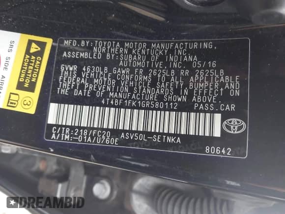 2016 Toyota Camry LE с VIN 4T4BF1FK1GR580112, выставлен на аукционе IAAI как лот 43442480 с пробегом 132 170 миль миль и . История ставок и продаж доступна на DreamBid. Изображение 9.