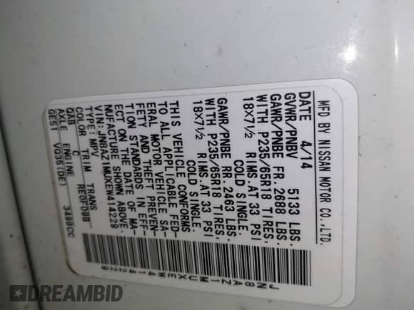 2014 Nissan Murano SV с VIN JN8AZ1MUXEW414229, выставлен на аукционе IAAI как лот 42466895 с пробегом 122 883 миль миль и . История ставок и продаж доступна на DreamBid. Изображение 9.