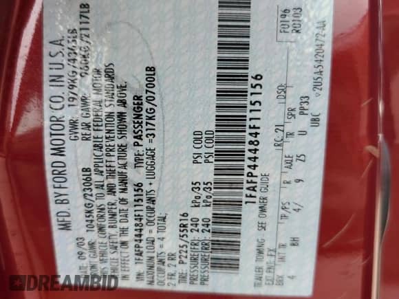 2004 Ford Mustang Deluxe z VIN 1FAFP44484F115156, wystawiony jako Copart lot #75246024 z przebiegiem Nie podano mil oraz Nie do naprawy • Non repairable. Historia ofert i sprzedaży dostępna na DreamBid. Obrazek 14.