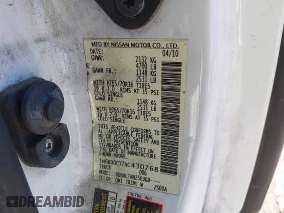 2010 Nissan Frontier SE with VIN 1N6BD0CT7AC430768, listed as a IAAI auction lot 41406599 with 209,689 mi miles and . Bid and sale history available at DreamBid. Image 9.