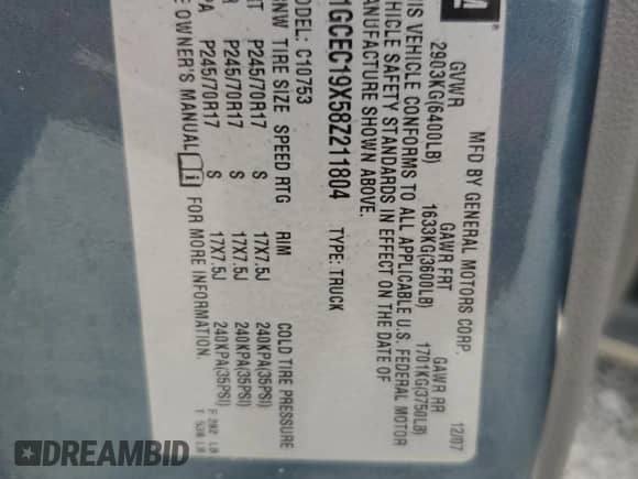 2008 Chevrolet Silverado 1500 Work Truck with VIN 1GCEC19X58Z211804, listed as a Copart auction lot 66547205 with 201,129 mi miles and Salvage title. Bid and sale history available at DreamBid. Image 12.