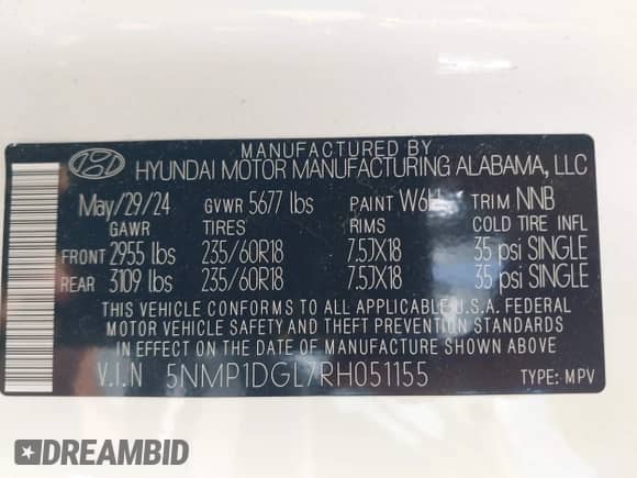 2024 Hyundai Santa Fe SE with VIN 5NMP1DGL7RH051155, listed as a IAAI auction lot 42531068 with 11,983 mi miles and . Bid and sale history available at DreamBid. Image 9.