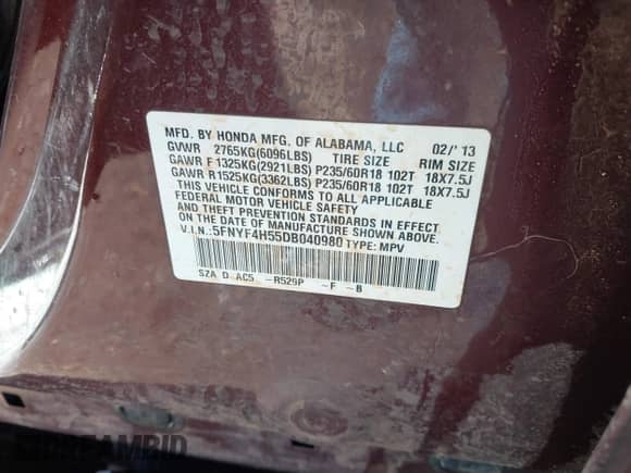 2013 Honda Pilot EX-L with VIN 5FNYF4H55DB040980, listed as a IAAI auction lot 42831295 with Not provided miles and . Bid and sale history available at DreamBid. Image 9.