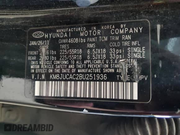 2011 Hyundai Tucson Limited z VIN KM8JUCAC2BU251936, wystawiony jako Copart lot #55479205 z przebiegiem 110 707 mil mil oraz Czysty tytuł • Clean title. Historia ofert i sprzedaży dostępna na DreamBid. Obrazek 13.