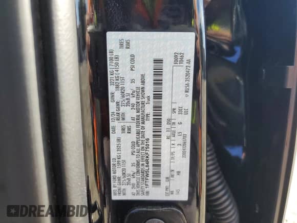 2024 Ford F-150 Lariat with VIN 1FTFW5L84RKF75016, listed as a Copart auction lot 81238515 with 11,424 mi miles and Salvage title. Bid and sale history available at DreamBid. Image 12.