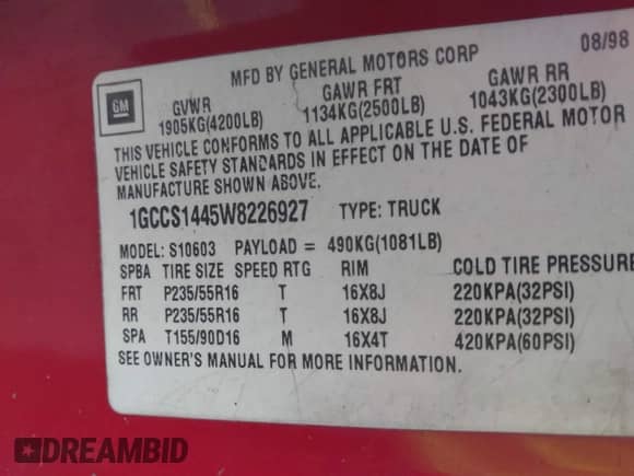 1998 Chevrolet S-10 LS z VIN 1GCCS1445W8226927, wystawiony jako IAAI lot #41946434 z przebiegiem Nie podano mil oraz . Historia ofert i sprzedaży dostępna na DreamBid. Obrazek 9.