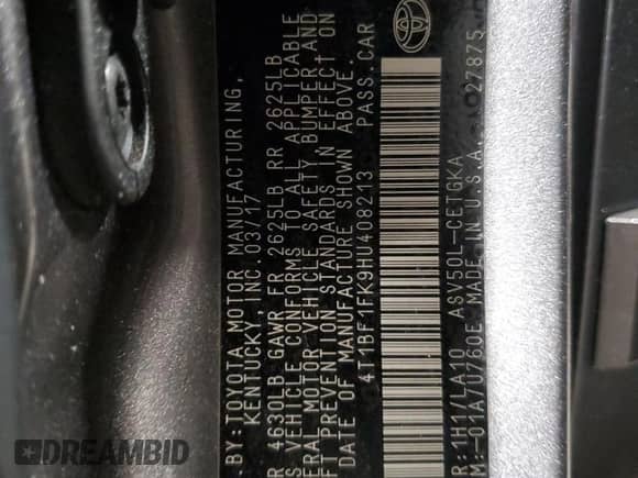 2017 Toyota Camry XLE с VIN 4T1BF1FK9HU408213, выставлен на аукционе Copart как лот 68820675 с пробегом 60 654 миль миль и Списание • Salvage title. История ставок и продаж доступна на DreamBid. Изображение 12.